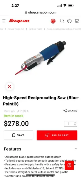 AT192 BLUE POINT Pneumatic Air High Reciprocating Saw #3